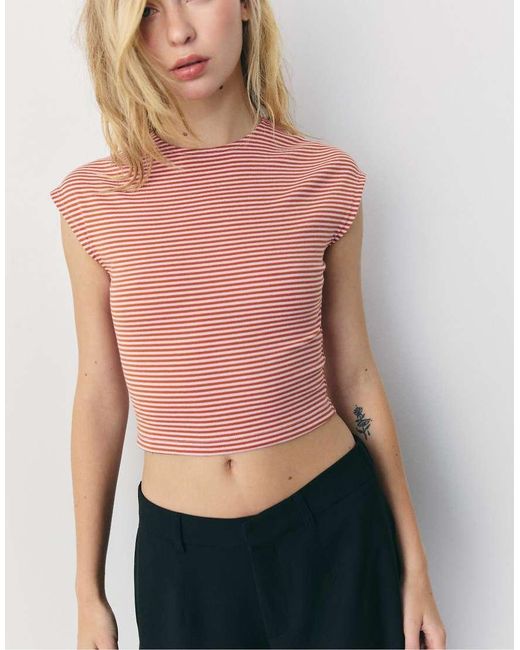 Stradivarius Pink Basic Striped Mini Sleeve T-shirt