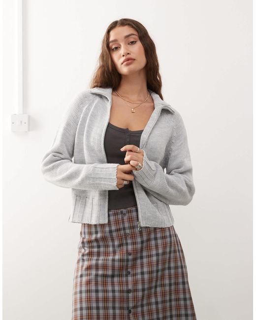 Collusion Gray Knitted Raglan Zip Through With Varsity Number Detail