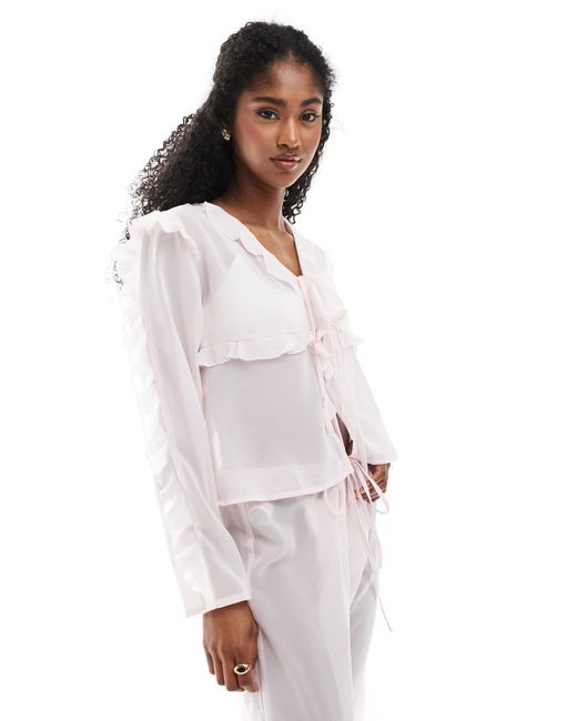 esmé studios White Esmee Exclusive Sheer Tie Front Beach Top With Ruffle Trim