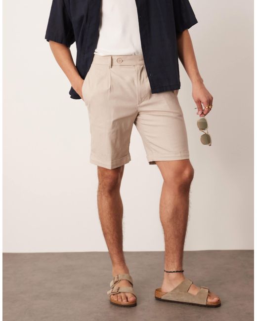 ASOS Blue Smart Straight Linen Blend Chino Shorts With Front Pleat for men