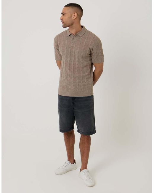 Threadbare Brown Cable Stripe Knitted Button Polo for men