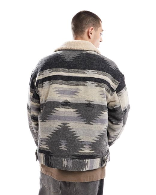 ASOS Gray Oversized Aztec Design Wool Look Harrington Jacket for men
