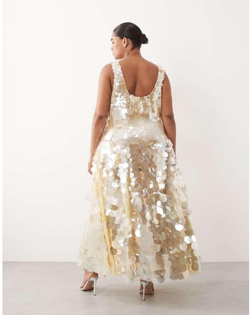 ARRANGE Natural Curve Embellished Disc Sequin Square Neck Full Skirt Midi Dress