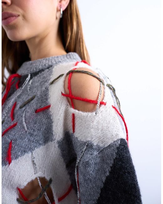 TOPSHOP White Knitted Argyle Distressed Jumper