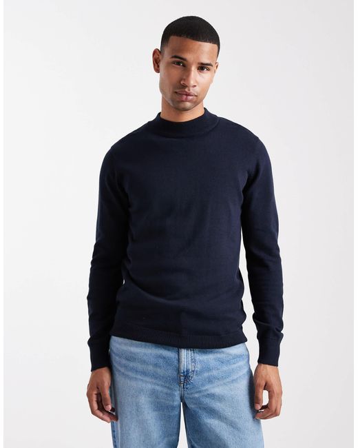 Brave Soul Blue Fitted High Neck Jumper for men