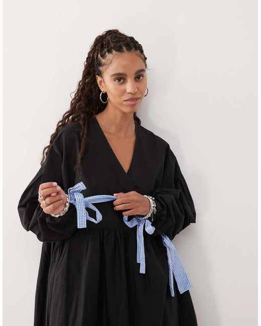 Collusion Black Oversized Wrap Maxi Smock Dress With Contrast Gingham Ties