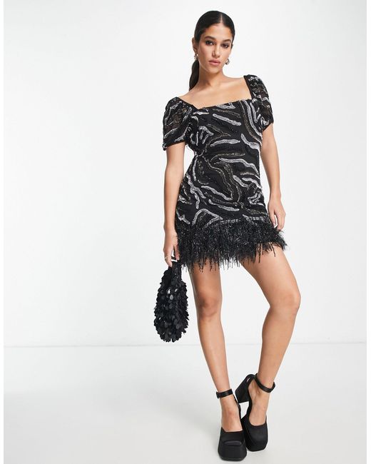 Miss Selfridge Black Premium Embellished Animal Print Mini Dress With Faux Feather Trim