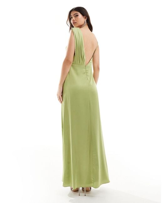 TFNC London Green Bridesmaid Satin One Shoulder Drape Maxi Dress