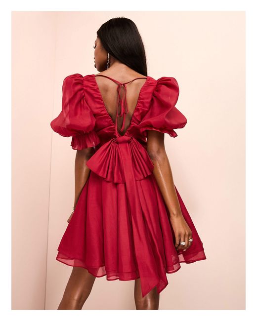 ASOS Red Plunge Puff Sleeve Mini Dress