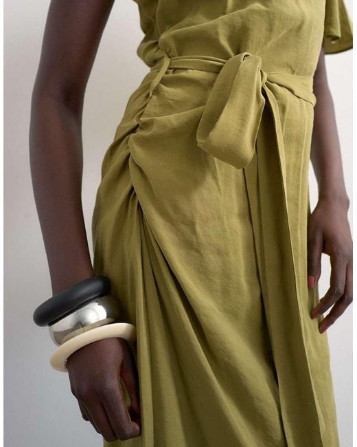 TOPSHOP Green Asymmetric Sleeve Tie Waist Cupro Maxi Dress