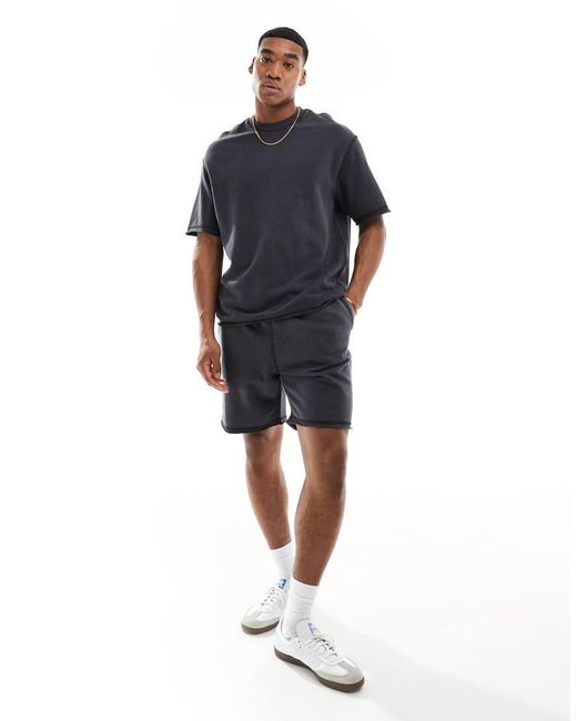 Bershka Blue Raw Edge Washed Co-ord Short for men