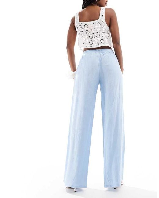 Stradivarius Broek Van Kreukelstof Met Linnenlook En Elastische Taille in het Blue