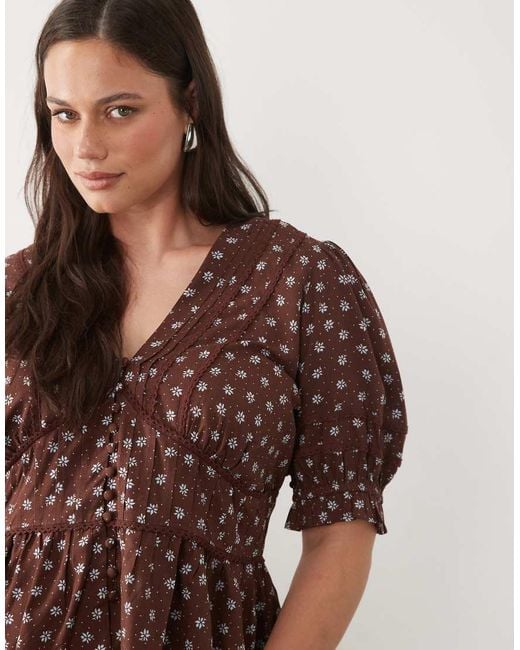 Nobody's Child Brown V Neck Puff Sleeve Button Front Blouse