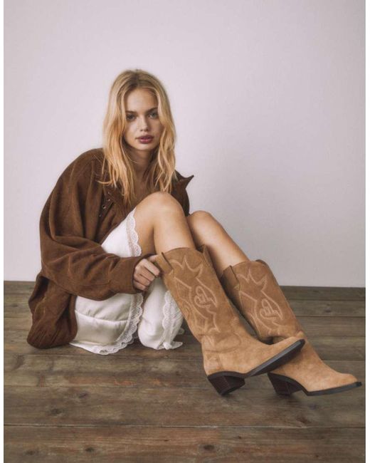 Stradivarius Brown Split Leather Cowboy Boots