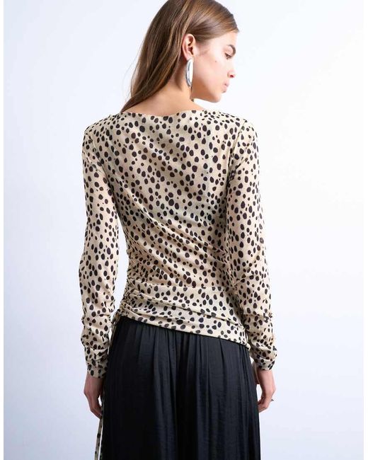 TOPSHOP Gerimpelde Top Met Lange Mouwen En Dierenprint in het White