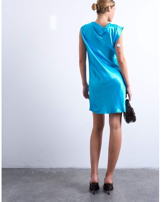 TOPSHOP Blue Grown On Shoulder Ruched Waist Mini Dress