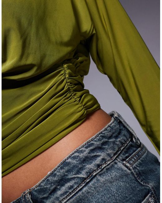 ASOS Green Slinky Asymmetric One Shoulder Long Sleeve Top With Cinch Waist Detail