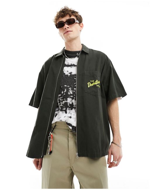 ASOS Black 90s Oversized Twill Shirt With Zip Front And Back Print for men