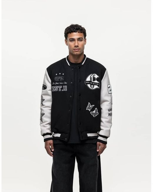 Good For Nothing Black Oversized Varsity Jacket for men
