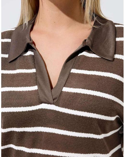 Yours Clothing Brown Stripe Rugby Collar Top
