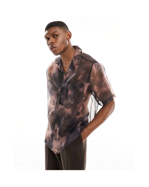 ASOS Brown Relaxed Revere Shirt With Blurred Floral Print for men