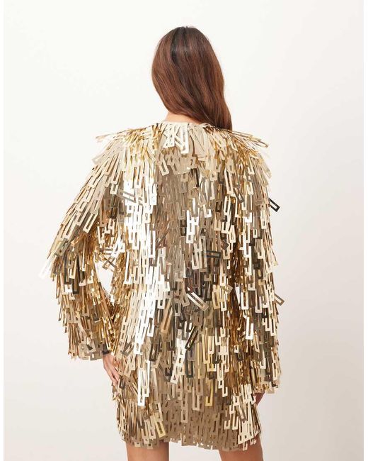 ARRANGE Natural Embellished Shard Sequin Long Sleeve Mini Dress
