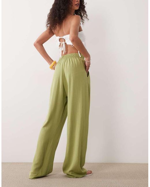 ASOS Green Linen Blend Wide Leg Pull On Trouser