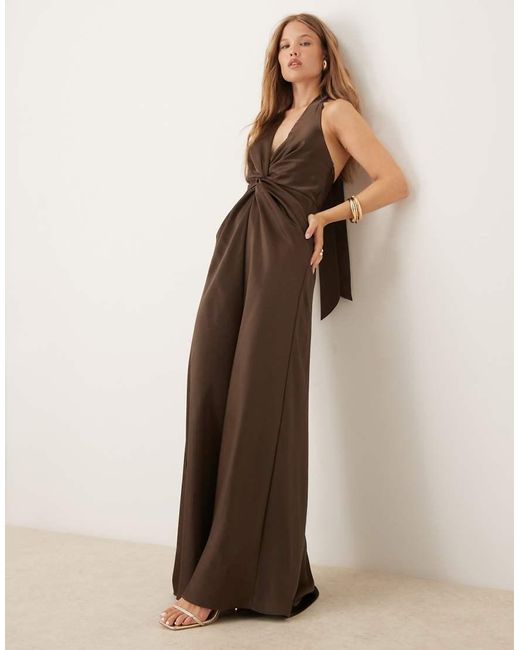 Six Stories Brown Twist Front Satin Maxi Dress
