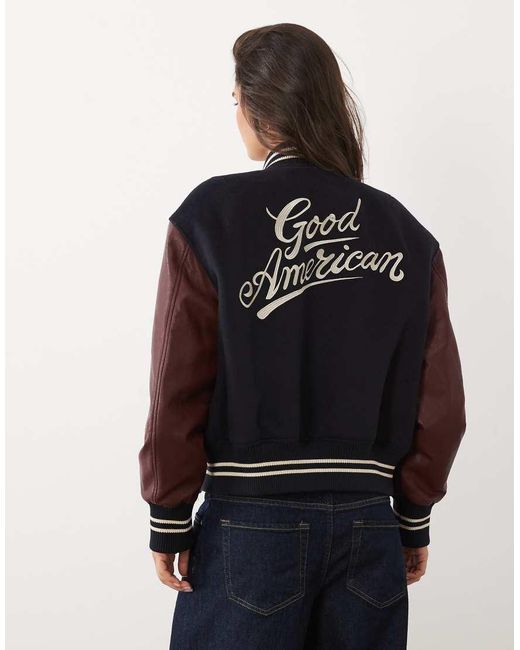 GOOD AMERICAN Blue Faux Leather Varsity Jacket