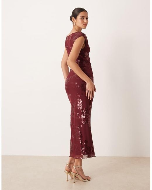 Gina Tricot Red Fallen Off One Shoulder Asymmetric Sequin Maxi Dress