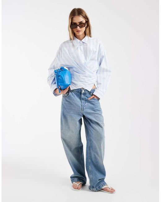 & Other Stories Blue Cotton-rich Front Tie Ruched Wrap Shirt