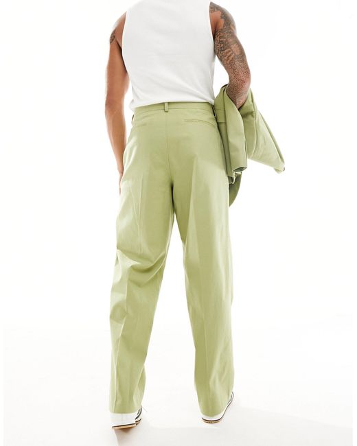 ASOS Green Smart Wide Leg Linen Blend Trousers for men