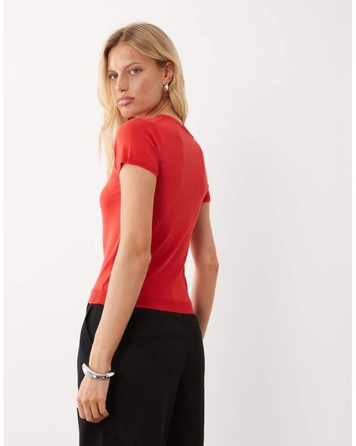 Mango Red Button Detail Short Sleeve Knitted Top