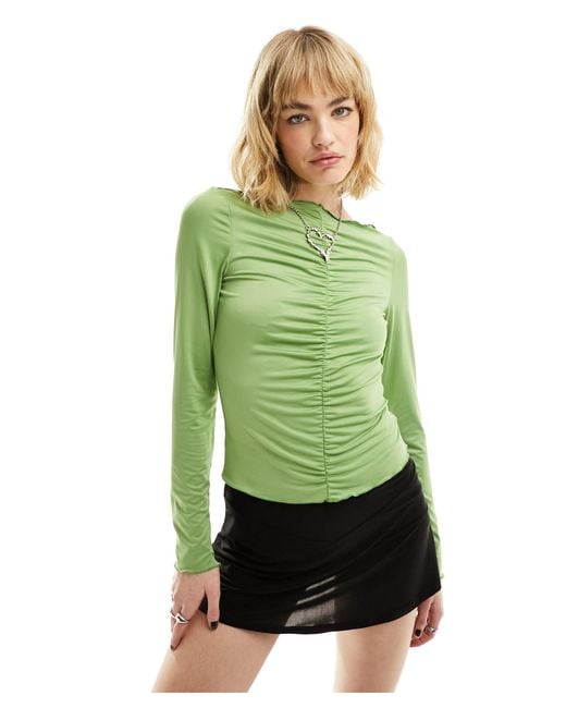 Monki Green Ruched Front Long Sleeve Top