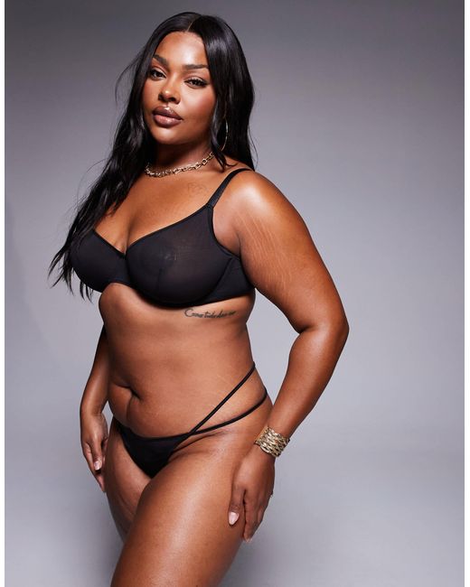 ASOS Black Asos Design Curve Lennox Mesh Tanga Thong With Satin Binding