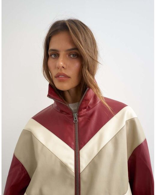 TOPSHOP Red Colour Block Leather Look Track Jacket
