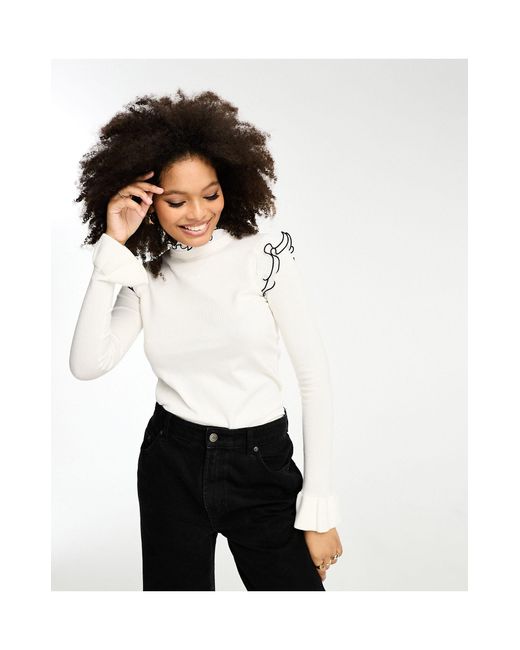 River Island Frill Sleeve Jumper With Black Contrast Trim in White