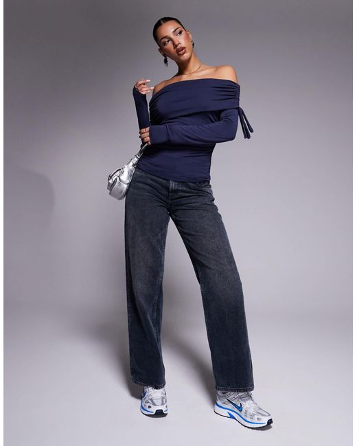 ASOS Blue Soft Handle Off Shoulder Ruched Long Sleeve Top