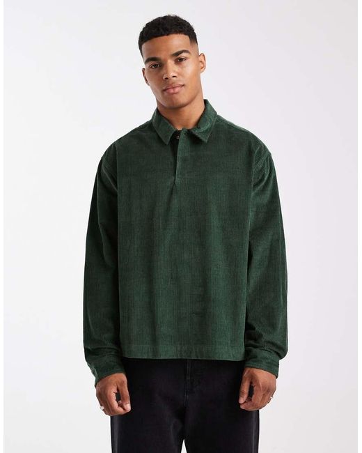 ASOS Green Boxy Oversized Cord Rugby Shirt for men