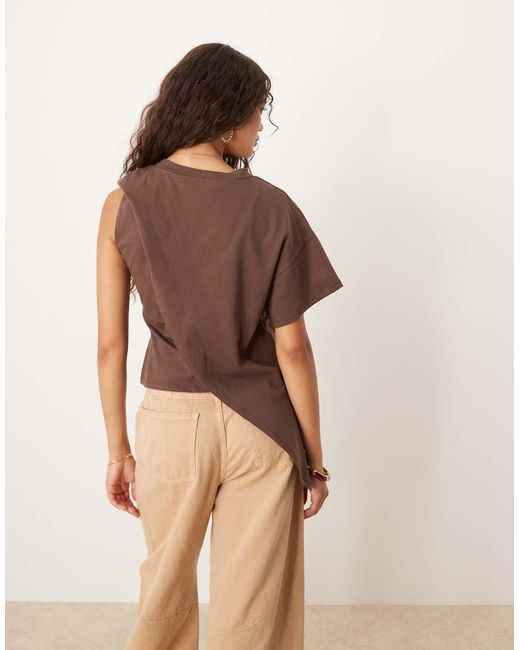 ASOS Brown Oversized One Sleeve T-Shirt With Drape Detail