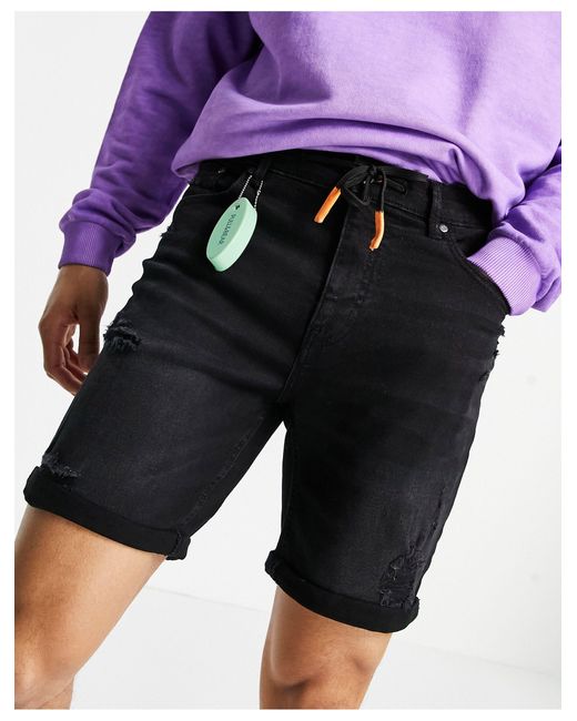Pull\u0026Bear Skinny Fit Denim Short Met Distressed Plekken in het Zwart voor  heren - Lyst