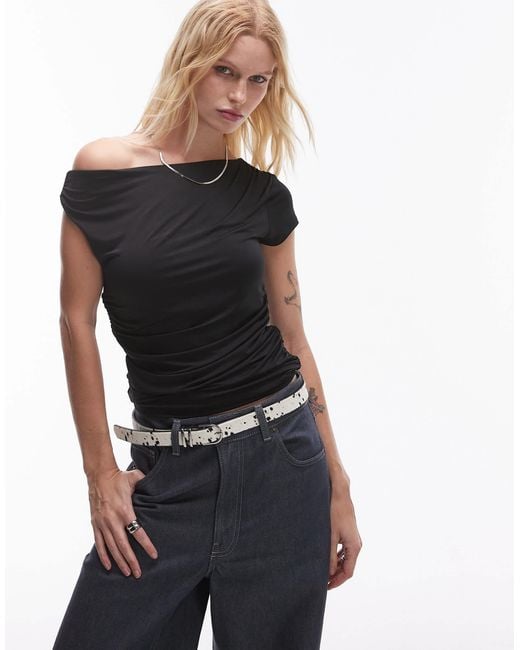 TOPSHOP Black Slinky Asymmetric Off The Shoulder Top