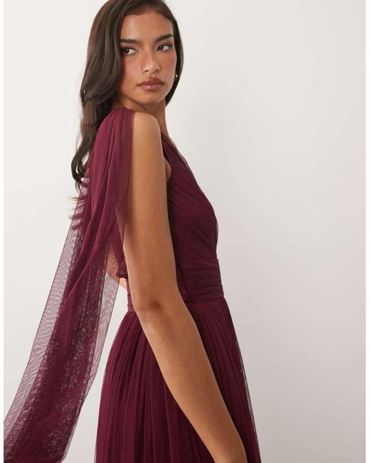 LACE & BEADS Purple Bridesmaid One Shoulder Scarf Neck Maxi Dress