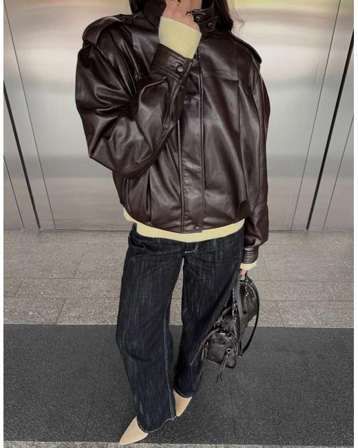 Bershka Brown Pleated Leather Effect Jacket
