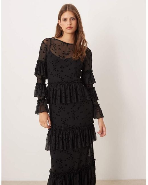 Never Fully Dressed Black Star Devore Ruffle Maxi Dress