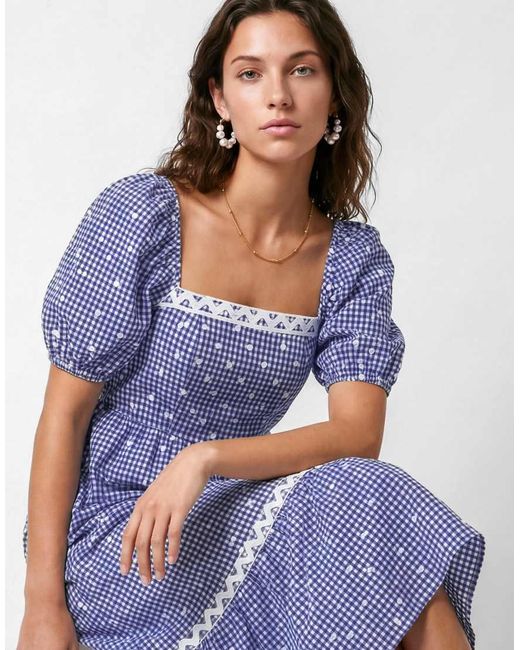 Lovedrobe Blue Gingham & Polka Dot Short Sleeve Midaxi Dress
