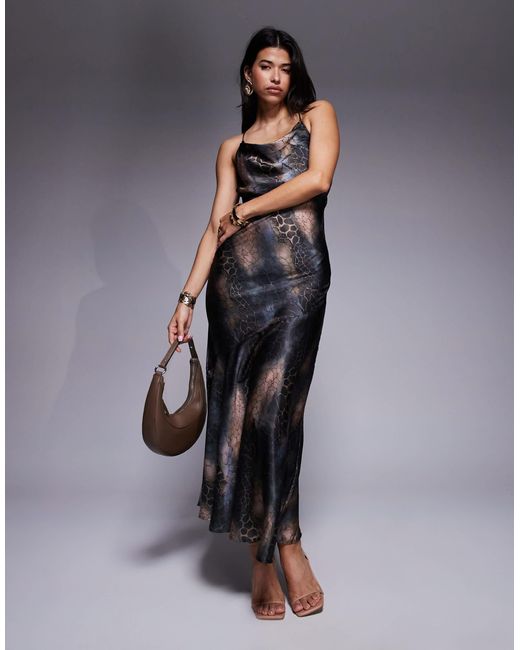 ASOS Gray Strappy Tie Back Cowl Front Satin Maxi Dress