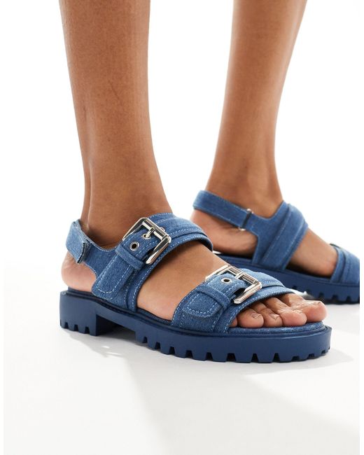 London Rebel Blue Double Buckle Chunky Sandals