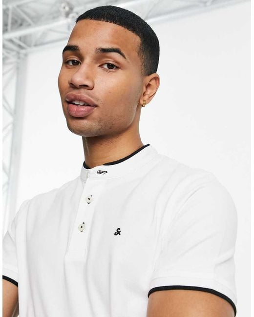 Jack & Jones White Essentials Grandad Polo With Tipping for men