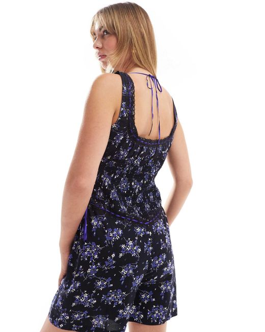 ASOS Blue Lace Trim Button Through Spun Playsuit